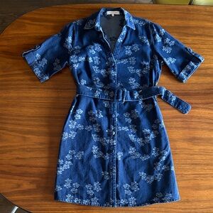 Chic Floral On Denim Mini Dress with Belt by Solitare